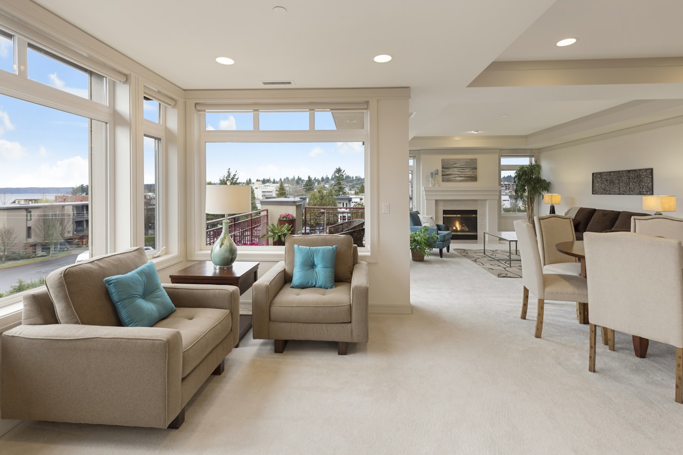 A spacious living room with large windows